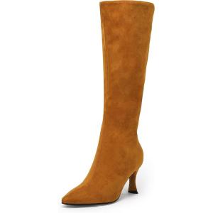 imageCoutgo Womens Knee High Boots Pointed Toe Kitten Heel Side Zipper Stretchy Vegan Suede Comfort Fall Winter BootKhaki