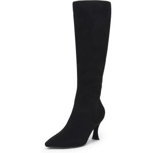imageCoutgo Womens Knee High Boots Pointed Toe Kitten Heel Side Zipper Stretchy Vegan Suede Comfort Fall Winter BootPure Black