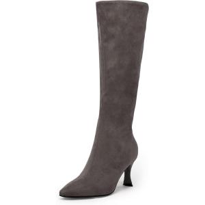 imageCoutgo Womens Knee High Boots Pointed Toe Kitten Heel Side Zipper Stretchy Vegan Suede Comfort Fall Winter BootStone Gray