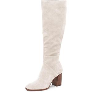 imageCoutgo Womens Knee High Boots Square Toe Chunky Block Heel Side Zipper Faux Suede Long Boots Fall Winter ShoesBeige