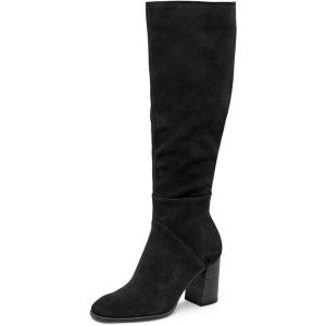 imageCoutgo Womens Knee High Boots Square Toe Chunky Block Heel Side Zipper Faux Suede Long Boots Fall Winter ShoesBlack