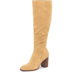 imageCoutgo Womens Knee High Boots Square Toe Chunky Block Heel Side Zipper Faux Suede Long Boots Fall Winter ShoesKhaki