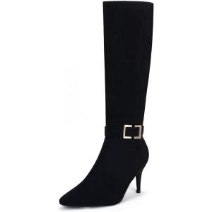 imageCoutgo Womens Knee High Boots Stiletto Heels Suede Pointed Toe Wide Calf Metal Buckle Side Zipper Winter BootsBlack