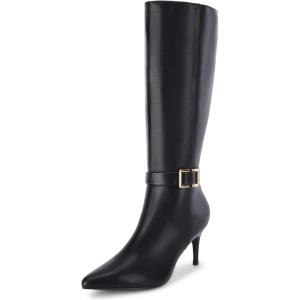 imageCoutgo Womens Knee High Boots Stiletto Heels Suede Pointed Toe Wide Calf Metal Buckle Side Zipper Winter BootsCool Black