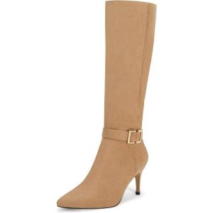 imageCoutgo Womens Knee High Boots Stiletto Heels Suede Pointed Toe Wide Calf Metal Buckle Side Zipper Winter BootsKhaki