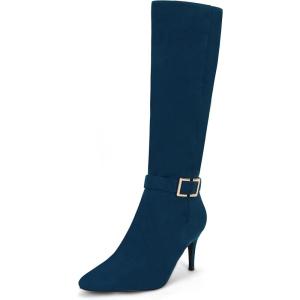 imageCoutgo Womens Knee High Boots Stiletto Heels Suede Pointed Toe Wide Calf Metal Buckle Side Zipper Winter BootsNavy