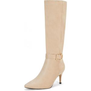 imageCoutgo Womens Knee High Boots Stiletto Heels Suede Pointed Toe Wide Calf Metal Buckle Side Zipper Winter BootsNude