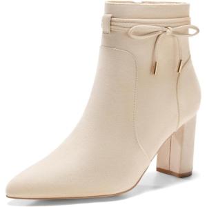 imageCoutgo Womens Pointed Toe Ankle Boots Chunky Block Heel Tie Knot Side Zipper Dressy BootiesBeige