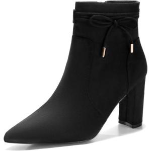 imageCoutgo Womens Pointed Toe Ankle Boots Chunky Block Heel Tie Knot Side Zipper Dressy BootiesBlack