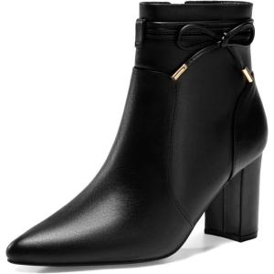 imageCoutgo Womens Pointed Toe Ankle Boots Chunky Block Heel Tie Knot Side Zipper Dressy BootiesCool Black