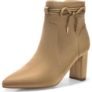 imageCoutgo Womens Pointed Toe Ankle Boots Chunky Block Heel Tie Knot Side Zipper Dressy BootiesLight Brown