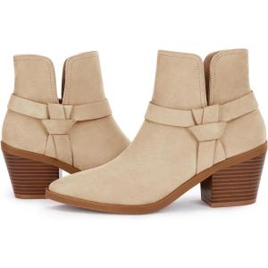 imageCoutgo Womens Pointed Toe Ankle Boots Cutout Tie Knot Chunky Block Stacked Heel Suede Booties ShoesBeige