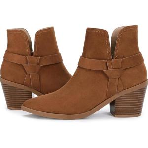 imageCoutgo Womens Pointed Toe Ankle Boots Cutout Tie Knot Chunky Block Stacked Heel Suede Booties ShoesBrown