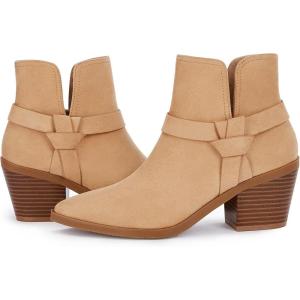 imageCoutgo Womens Pointed Toe Ankle Boots Cutout Tie Knot Chunky Block Stacked Heel Suede Booties ShoesKhaki