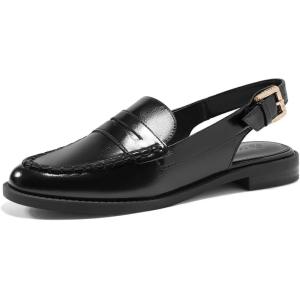 imageCoutgo Womens Slingback Loafers Comfortable Pointed Toe Chunky Low Heel Adjustable Buckle Strap Flat ShoesBlack