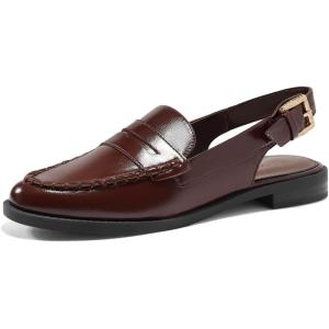 imageCoutgo Womens Slingback Loafers Comfortable Pointed Toe Chunky Low Heel Adjustable Buckle Strap Flat ShoesRedbrown