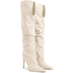 imageCoutgo Womens Slouchy Knee High Boots High Heel Pointed Toe Sexy Stiletto Pull on Tall Boots Winter ShoesBeige