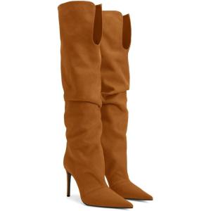 imageCoutgo Womens Slouchy Knee High Boots High Heel Pointed Toe Sexy Stiletto Pull on Tall Boots Winter ShoesBrown