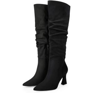 imageCoutgo Womens Slouchy Knee High Boots Wide Calf Pointed Toe Side Zipper Chunky Heel Long Boots Winter ShoesBlack