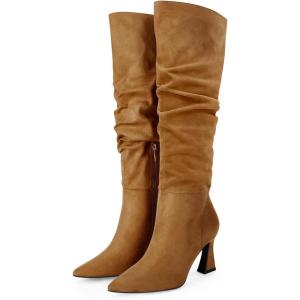imageCoutgo Womens Slouchy Knee High Boots Wide Calf Pointed Toe Side Zipper Chunky Heel Long Boots Winter ShoesBrown