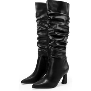 imageCoutgo Womens Slouchy Knee High Boots Wide Calf Pointed Toe Side Zipper Chunky Heel Long Boots Winter ShoesCool Black