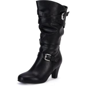imageCoutgo Womens Slouchy Mid Calf Boots Chunky Heel Faux Leather Knee High Boots Side Zipper Metal Buckle Folds Winter BootsBlack