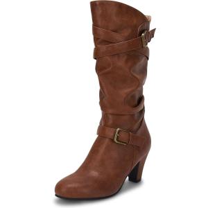 imageCoutgo Womens Slouchy Mid Calf Boots Chunky Heel Faux Leather Knee High Boots Side Zipper Metal Buckle Folds Winter BootsBrown