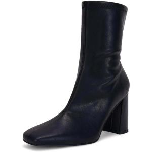 imageCoutgo Womens Square Toe Gogo Mid Calf Booties Patent Leather High Chunky Block Heel Side Zipper Ankle BootsBlack