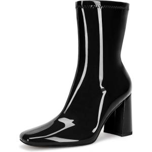 imageCoutgo Womens Square Toe Gogo Mid Calf Booties Patent Leather High Chunky Block Heel Side Zipper Ankle BootsCool Black
