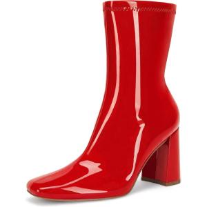 imageCoutgo Womens Square Toe Gogo Mid Calf Booties Patent Leather High Chunky Block Heel Side Zipper Ankle BootsRed