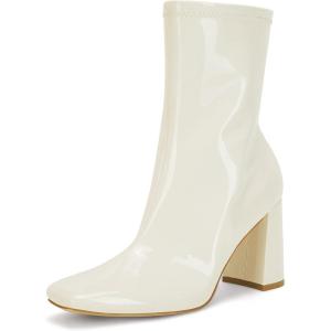 imageCoutgo Womens Square Toe Gogo Mid Calf Booties Patent Leather High Chunky Block Heel Side Zipper Ankle BootsWhite