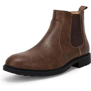 imageMens Ankle Boots Chelsea Round Toe Slip on Waterproof Faux Leather Classic Dress Booties for MenDark Brown