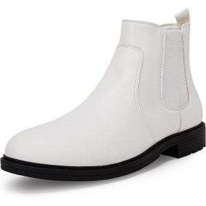 imageMens Ankle Boots Chelsea Round Toe Slip on Waterproof Faux Leather Classic Dress Booties for MenWhite