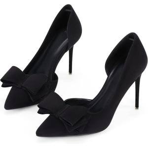imageWomens Bow Heels Closed Pointed Toe Dress Shoes Stiletto Slip on Wedding PumpsBlacksuede