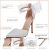 imageCoutgo Womens Closed Pointed Toe High Heels with Bow Knot Ankle Strap Satin Stiletto PumpsBeige
