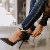 imageCoutgo Womens Closed Pointed Toe High Heels with Bow Knot Ankle Strap Satin Stiletto PumpsBlack