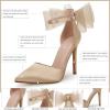 imageCoutgo Womens Closed Pointed Toe High Heels with Bow Knot Ankle Strap Satin Stiletto PumpsGold