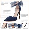 imageCoutgo Womens Closed Pointed Toe High Heels with Bow Knot Ankle Strap Satin Stiletto PumpsNavy