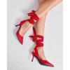 imageWomens Lace up Satin Heels Bow Pointed Closed Toe Bridal Dress Shoes Low Heel Wedding Elegant PumpsRedsatin
