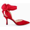 imageWomens Lace up Satin Heels Bow Pointed Closed Toe Bridal Dress Shoes Low Heel Wedding Elegant PumpsRedsatin