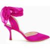 imageWomens Lace up Satin Heels Bow Pointed Closed Toe Bridal Dress Shoes Low Heel Wedding Elegant PumpsRose Redsatin