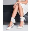 imageWomens Lace up Satin Heels Bow Pointed Closed Toe Bridal Dress Shoes Low Heel Wedding Elegant PumpsWhitepu