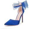 imageCoutgo Womens Closed Pointed Toe High Heels with Bow Knot Ankle Strap Satin Stiletto PumpsRoyal Blue