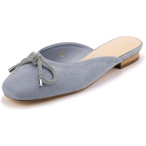 imageCoutgo Mules for Women Flat Backless Comfort Loafer with Square Toe Casual Slip on with Rhinestone BowBluish Grey