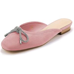 imageCoutgo Mules for Women Flat Backless Comfort Loafer with Square Toe Casual Slip on with Rhinestone BowPink