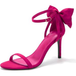 imageCoutgo Womens Ankle Strap High Heels Open Toe Stiletto Bow Tie Knot Heeled Sandals Fashion Wedding Dress Pump ShoesRosy Red