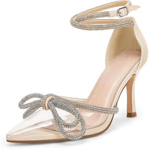imageCoutgo Womens Clear Heels Closed Toe Pointed Rhinestone Heels Wedding Bridal Dress Shoes Ankle Strap Mid Heel Stiletto Pumps ShoesLight Gold