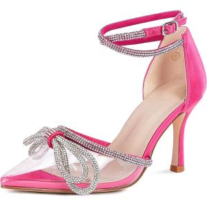 imageCoutgo Womens Clear Heels Closed Toe Pointed Rhinestone Heels Wedding Bridal Dress Shoes Ankle Strap Mid Heel Stiletto Pumps ShoesRose Red