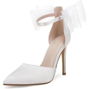 imageCoutgo Womens Closed Pointed Toe High Heels with Bow Knot Ankle Strap Satin Stiletto PumpsBeige