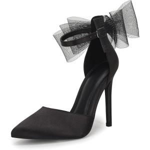 imageCoutgo Womens Closed Pointed Toe High Heels with Bow Knot Ankle Strap Satin Stiletto PumpsBlack